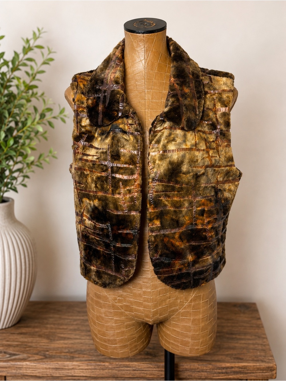 City Girl by Nancy Bolen Faux Fur Patchwork Vest Brown